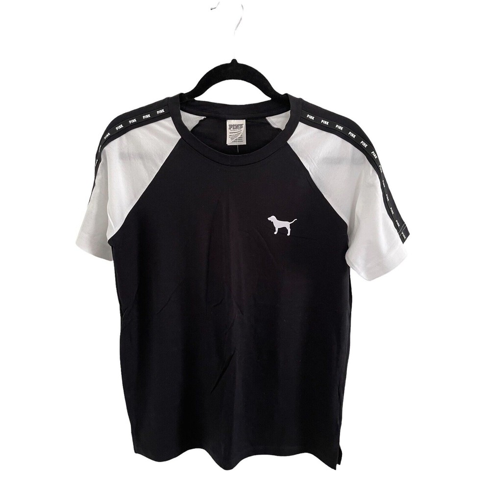 Victoria's Secret Pink Campus Short Sleeve Tee Shirt Black White XS NWT‎
